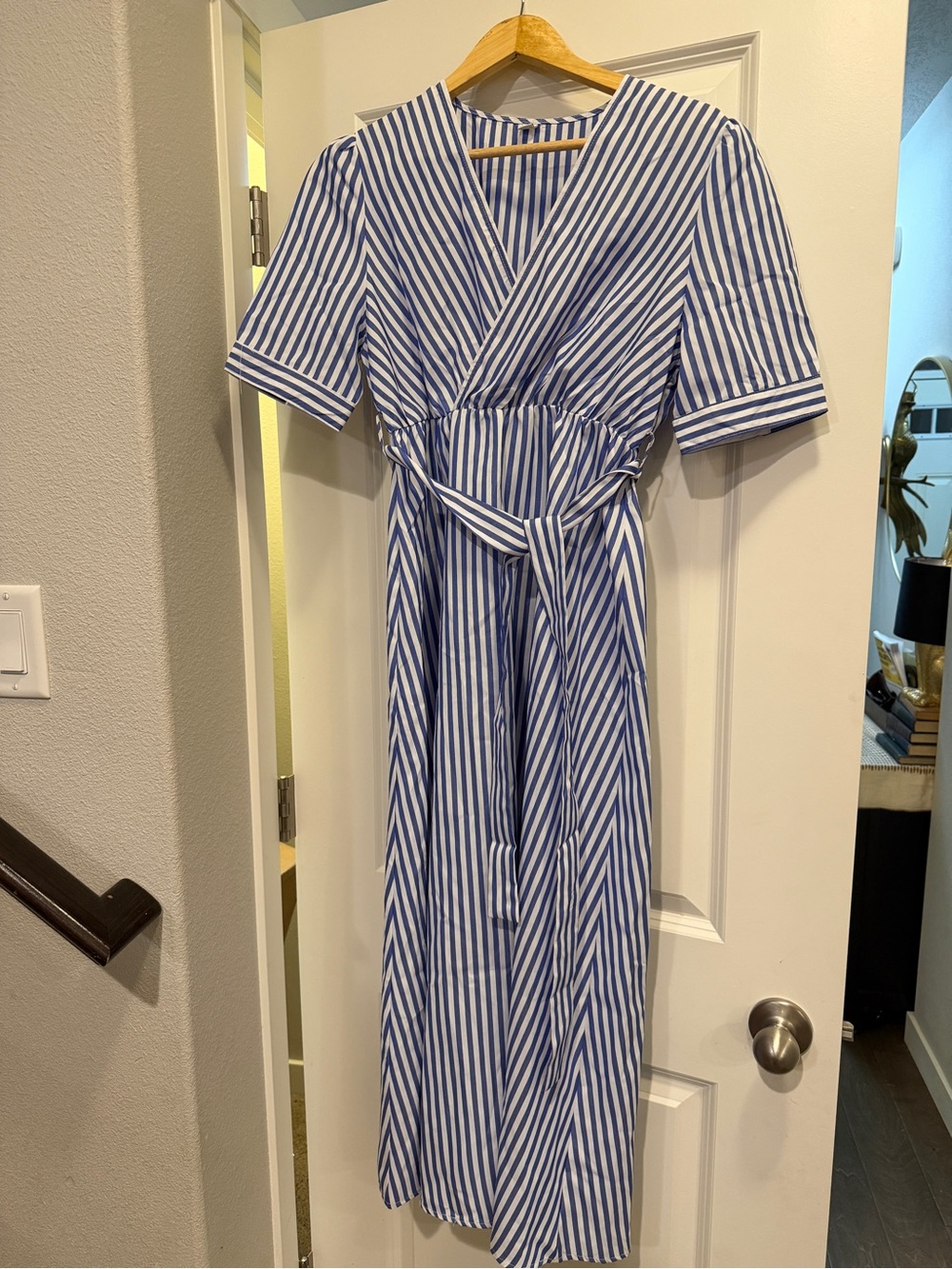 Vintage Blue and White Striped Wrap Midi Dress with Waist Tie